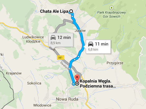 Mapa dojazdu z Chata Ale Lipa do kopalni węgla w Nowej Rudzie.