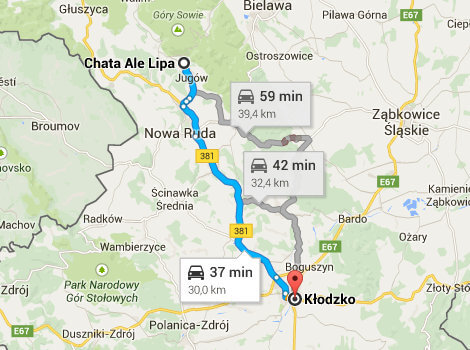 Mapa dojazdu z Chata Ale Lipa do Kłodzka (Twierdza Kłodzko).