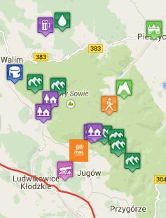 Mapa z lokalizacjami do zdobycia odznaki Znam Góry Sowie.